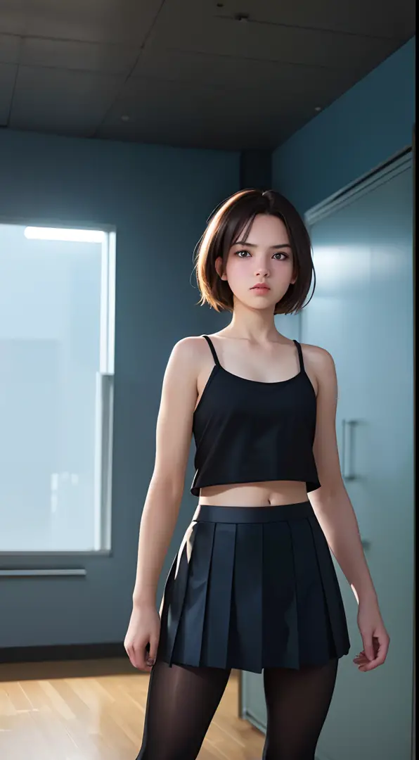 13 year old girl, spaghetti strap tank top, skirt and dark tights, photo-realistic, cinematic scene, hyperrealistic, ray tracing, HDR, best quality, High resolution, 8K
