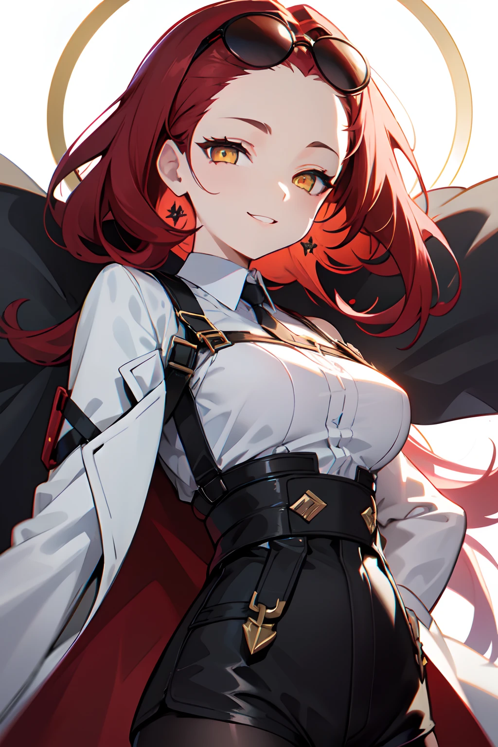 1girl, woman, solo, long hair, big hair, (forehead:1.2), (round sunglasses:1.19), yellow eyes, scarlet red hair, medium breasts, devilish grin from below, white hair, (overcoat, black coat, open coat:1.2), white shirt, collared shirt, (chest harness, shoulder strap:1.15), black leather shorts, garter belt, gloves, ((from below)), elegant, looking at viewer, standing, chromatic aberration, (close-up to face:1.2), face only masterpiece, best quality, 4k