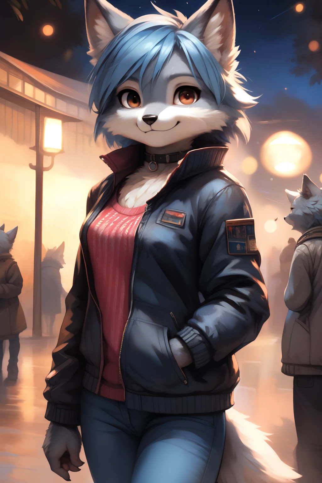 Author: kenket, Author: deadflesh8, (Author: Thebigslick, Author: silverfox5213:0.8), (by syuro:0.2), (Author: qupostuv35:1.2), (hi res), ((Masterpiece)), ((Best Quality)), illustartion, Furry, Wolf, animal ears, Body fur, 1girl, solo, ((Short blue hair)), *//*, brown eye, *//*, looking a viewer, Smile, The Wolf Girl, (((woman's))), ((small breasts)), young adult, Park, (night time), Toned body, Choker, cute pose, ((jacket & Jeans)), lofi, Fluffy anthropomorphic wolf, Fluffy wolf nose, Wolf tail, ((light gray fur)), (perspective)