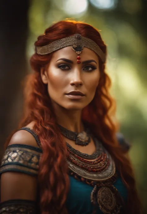 A goddess of a woman with a caramel complexion and vibrant red hair. With tribal markings only on her cheeks, lower lip and shoulder.