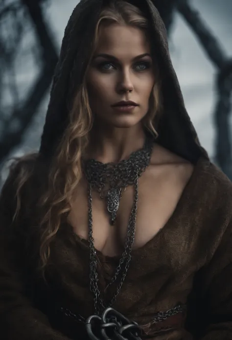 create for me an image of a woman who is a slave to a viking, she is having sex with the vikings and is chained and wearing dirty and torn clothes in a nordic village
