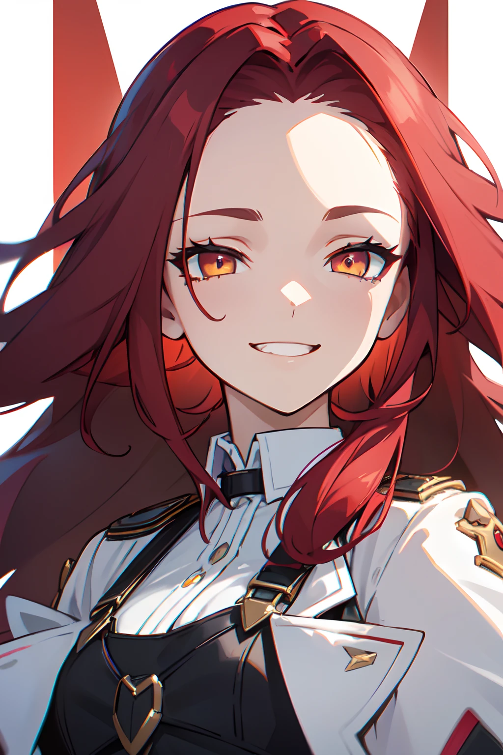 1girl, woman, solo, long hair, big hair, (forehead:1.2),, yellow eyes, ((scarlet red hair)), medium breasts, devilish grin, smug, evil smile, white hair, (overcoat, black coat, open coat:1.2), white shirt, collared shirt, (chest harness, shoulder strap:1.15), black leather shorts, garter belt, gloves, (from below), elegant, looking at viewer, standing, chromatic aberration, (close-up to face:1.2), face only masterpiece, best quality, 4k