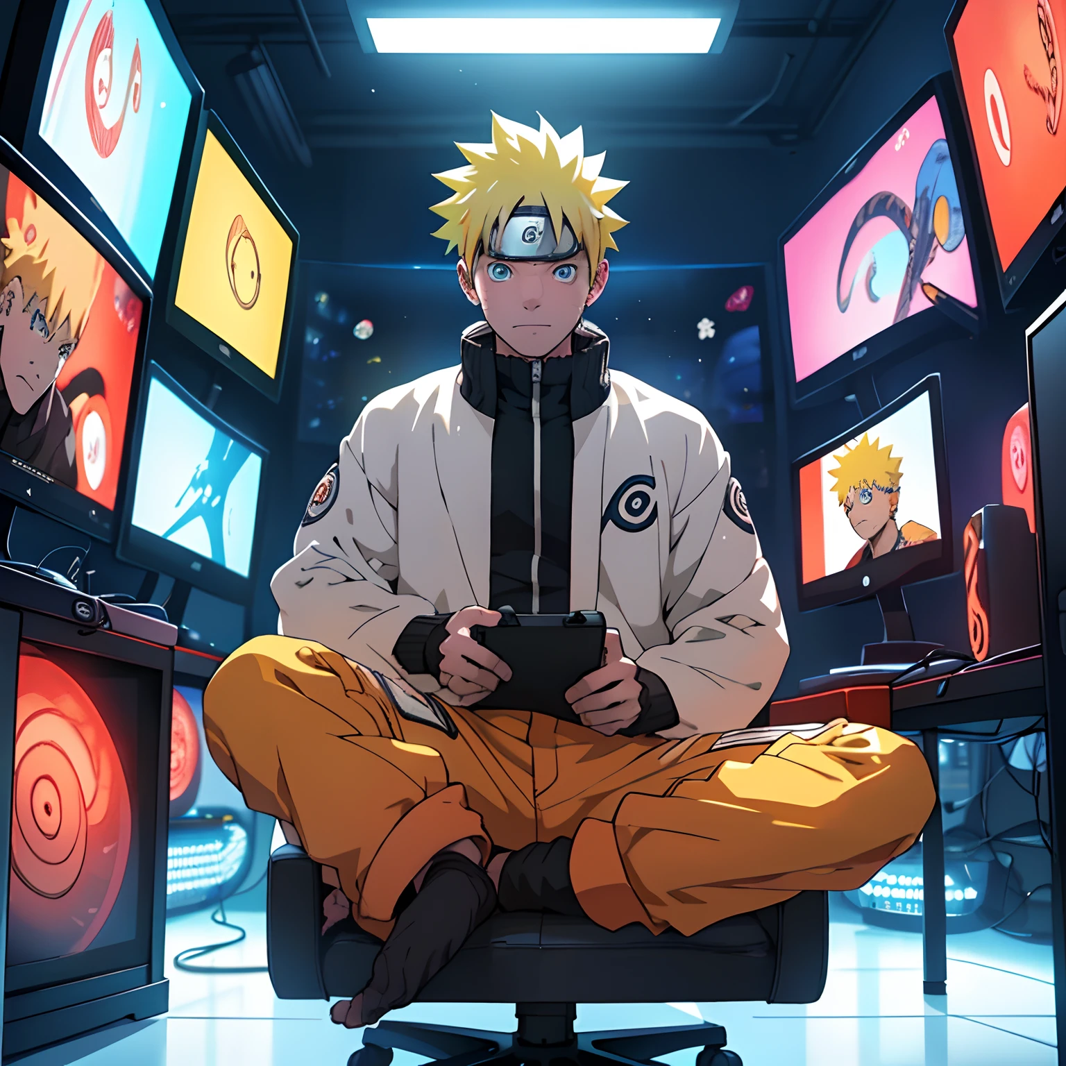 最高品質: 1.0), (超高解像度: 1.0), アニメ少年, 短い黄色の髪, 青い目, コンピューターの前に座ってゲームをする, eスポーツルームの背景, uzumaki naruto