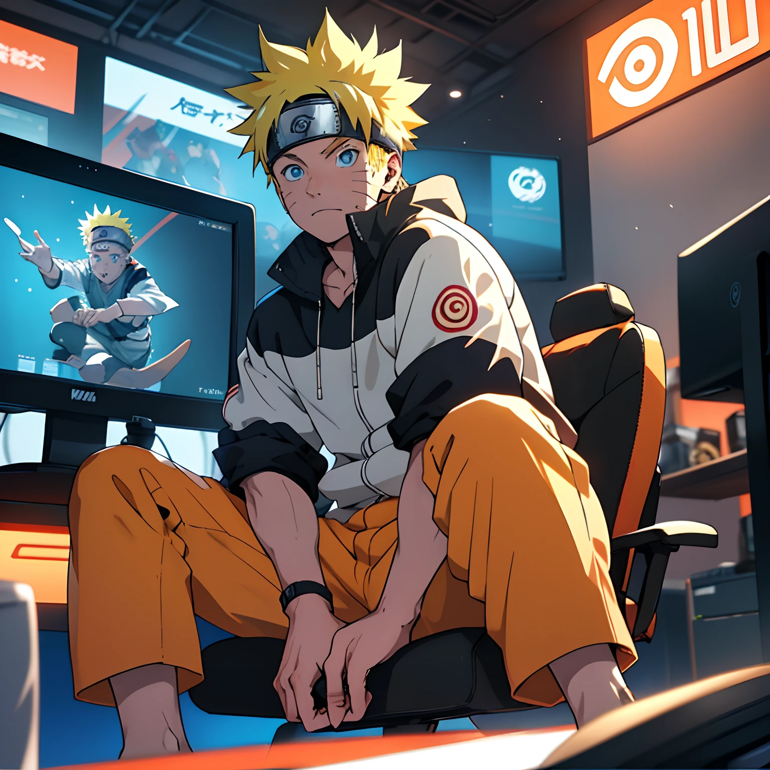 Anime character sitting in front of a computer monitor with a video game on  the screen - SeaArt AI