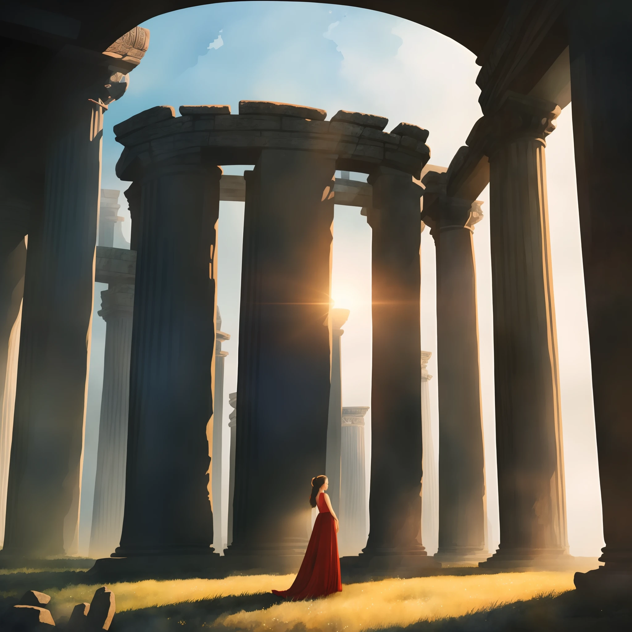 masterpiece, super detail, high quality, award winning, 8k, (photo realistic:1.1), (girl), solo, modern red long dress, portrait style, close up, next to the ancient megaliths like stonehenge, watercolor style, cinematic light, vignetting, detailed fingers