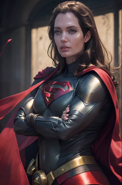 Angelina Jolie, Henry Cavill como Superman, 40 anos, todos os detalhes azuis e vermelhos terno, bare handed, big red S symbol on...