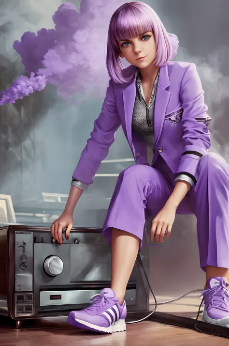 young anna faris, ssmile, (in a loose suit "adidas" lilac), female sitting position on audio player with stereo speakers, (chlor...