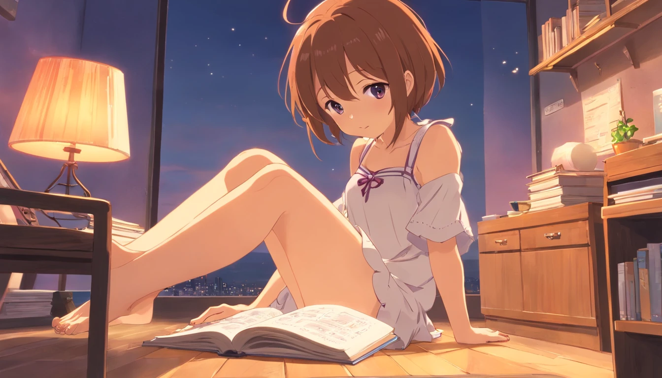 Anime girl sitting on the floor reading a book in a room - SeaArt AI