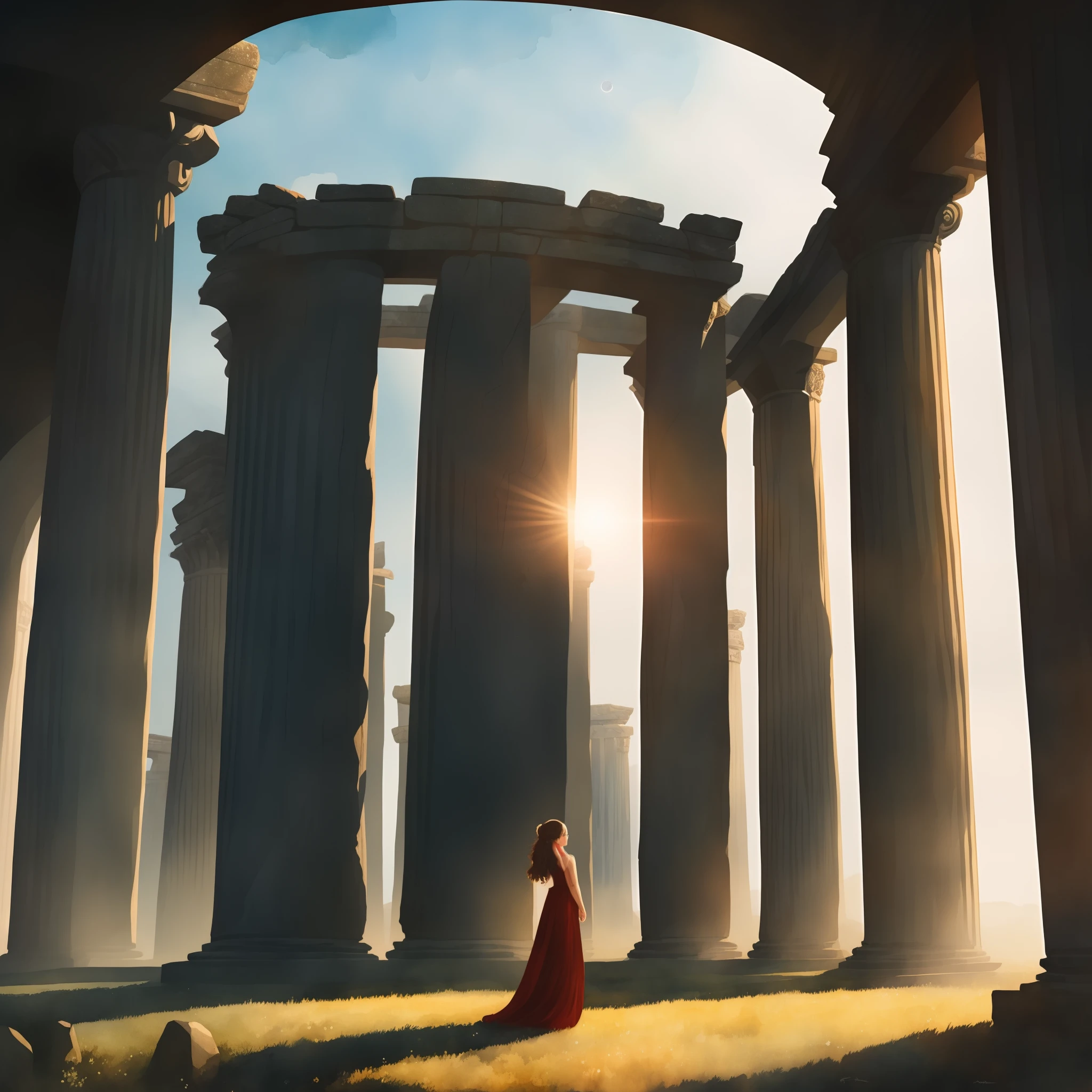 masterpiece, super detail, high quality, award winning, 8k, (photo realistic:0.8), (girl), solo, modern red long dress, portrait style, close up, next to the ancient megaliths like stonehenge, watercolor style, cinematic light, vignetting, detailed fingers