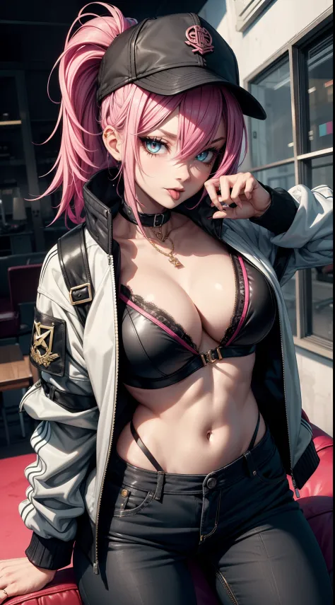 artistic, 1girl,badass, ((tongue out)), (cap), jacket,open jacket, no_shirt, bra, exposed abdomen, defined abdomen, sexy, sensual, agressive, perfect face, expressive eyes, superior, style, stylish, stylish cothes, cool, dynamic, ring, jewel, neck chain, g...