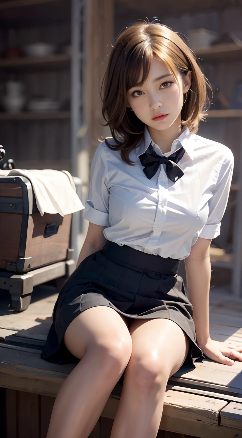 top-quality、​masterpiece、hi-school girl、((Imagine a scene from a camera angle where the viewpoint is that of a face-sitting person. Please provide details of this particular situation, Including subject poses, expression, Lighting, and other related elements.)), Medium bob hair, lightbrown hair, Large breasts, pleatedskirt, white  panties,Open legs, Shameful face,