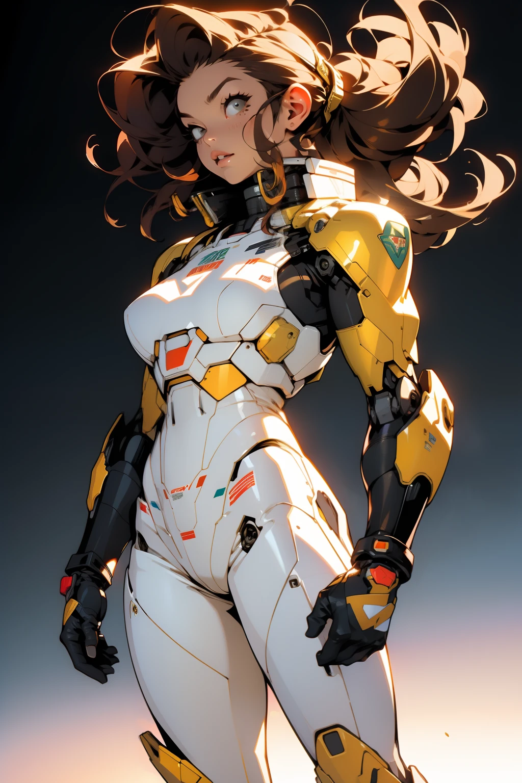 ((Best quality)), ((masterpiece)), (detailed: 1.4), (Absurd), (((full body)), (((woman))), 35-year-old woman, Beautiful muscular woman, giant robot pilot, wild with perfect body, perfect eyes, wearing little clothing, tiny thong, clothing with Japanese graphic patterns, halftone pattern and vertical stripes, yellow gold, white, coming out of the body of a giant robot