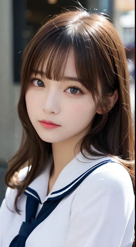 hight resolution, top-quality, Perfect dynamic composition, Beautiful detailed eyes, a sailor suit、Radiant hair、Medium Hair, Natural Color Lip、Harajuku、Physical education sitting