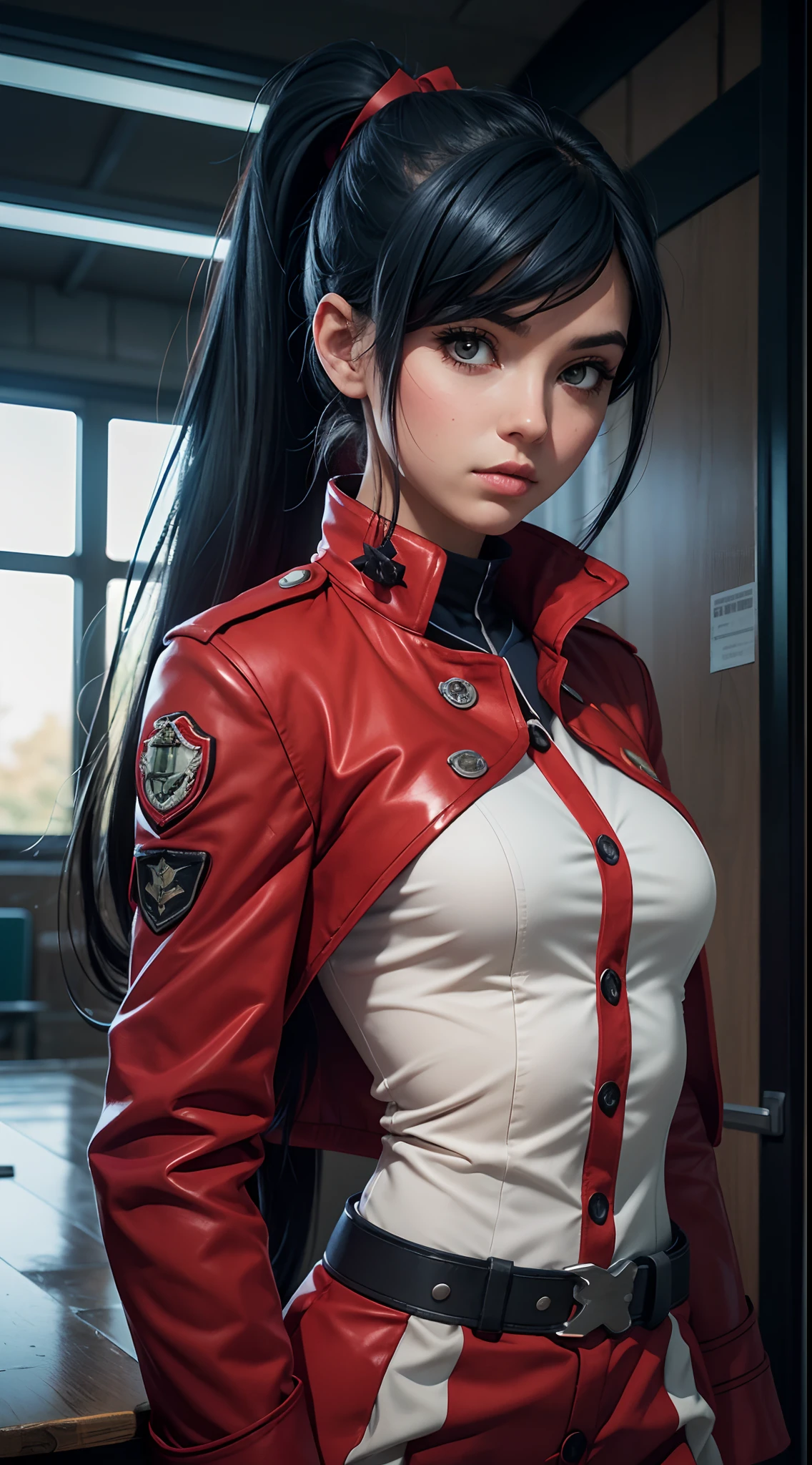 1girl, solo, Laura S. Arseid (long dark blue hair, long ponytail and side Bang), (inspired by trails of cold steel) in a school proper dress with long red coat, in a military school, AMD fidelityFX super resolution 3, shinny effects, extremely detailed texture, shot with Canon EOS 5D mark IV.