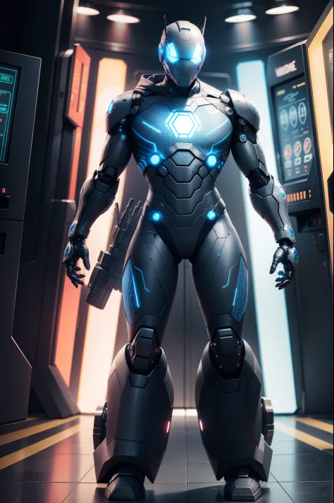 A realistic transparent Marvel combat machine-style non-human robot in an advanced cybernetic suit