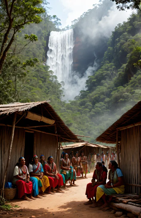 artstation, tribe of Indians in the village, floresta, cachoeira, montanha, Ensolarado