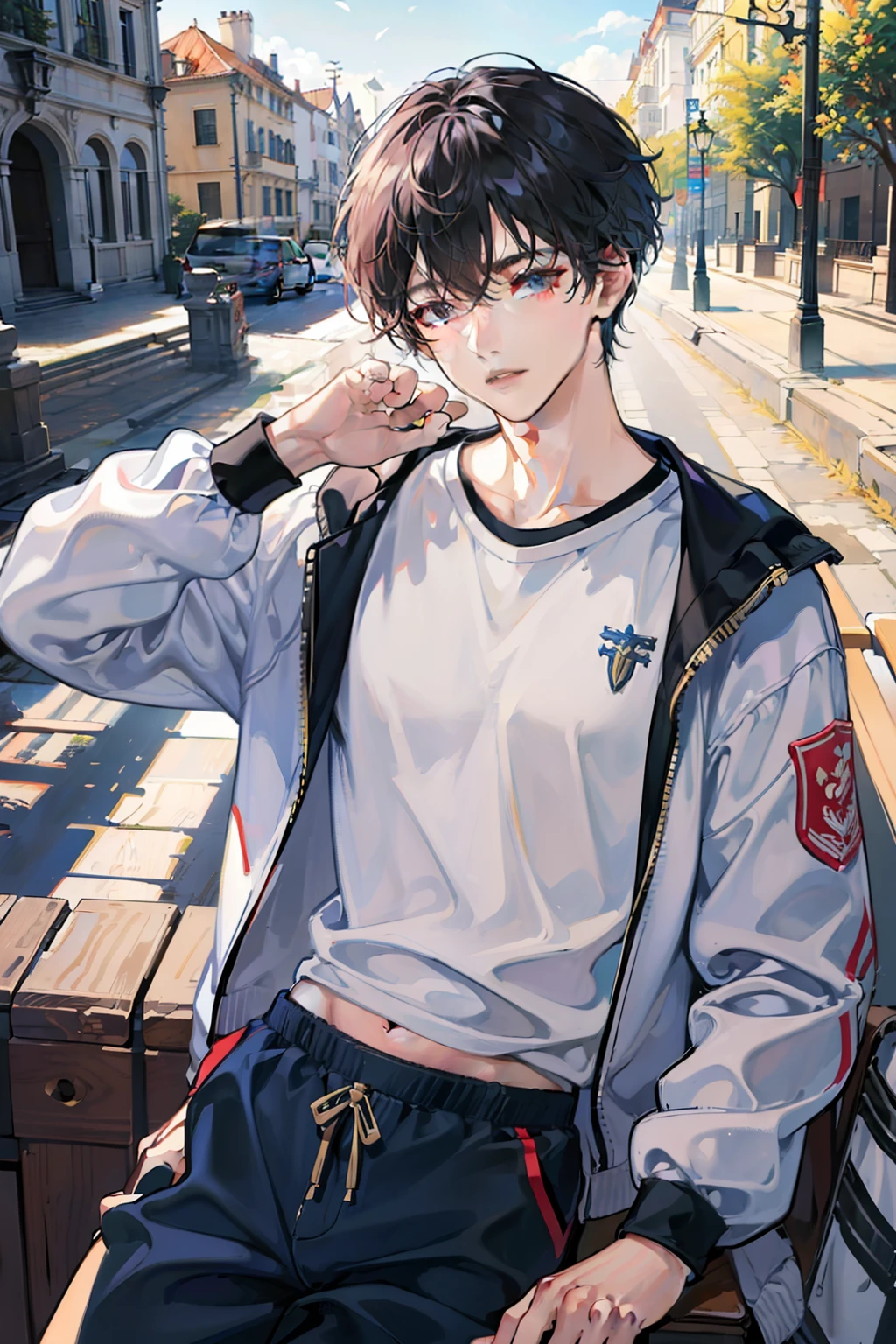 Anime boy sitting on a bench in a city street - SeaArt AI