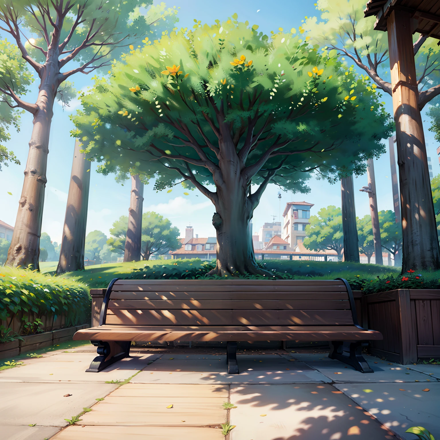 Tronco de arbol se le ve la corteza en primer plano, Public park with trees and wooden benches in perspective,  tag, verano, 8k, Super detail, La mejor calidad, Super detail, alta calidad, 1080p