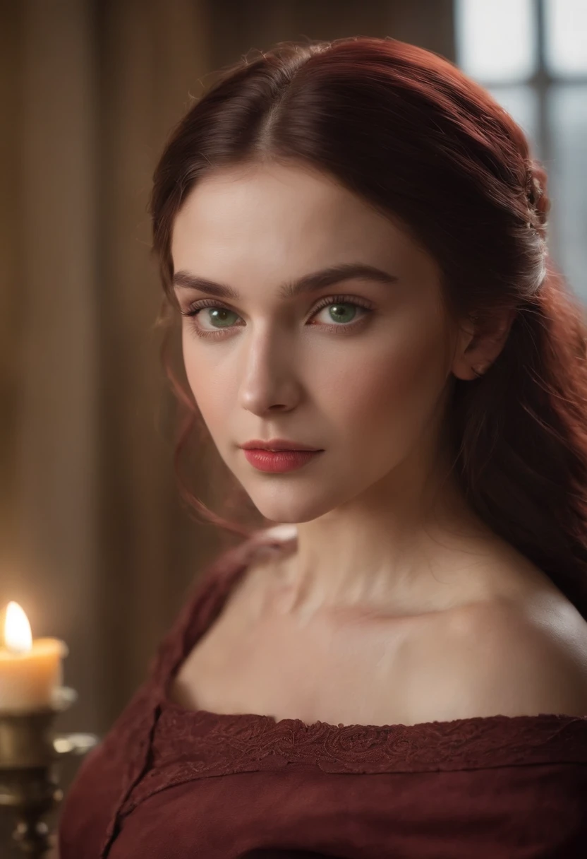 (((A deep reddish scar runs across her left cheek))) light skinned, Women around 19 years old, Natural gray hair, Distinctive green eyes, Wearing Cole, slender and graceful,, Beautiful, Candlelight in medieval atmosphere, Ultra Sharp Focus, realistic shot, Women's clothing in the Middle Ages, Tetradic color (Scar:1.4)