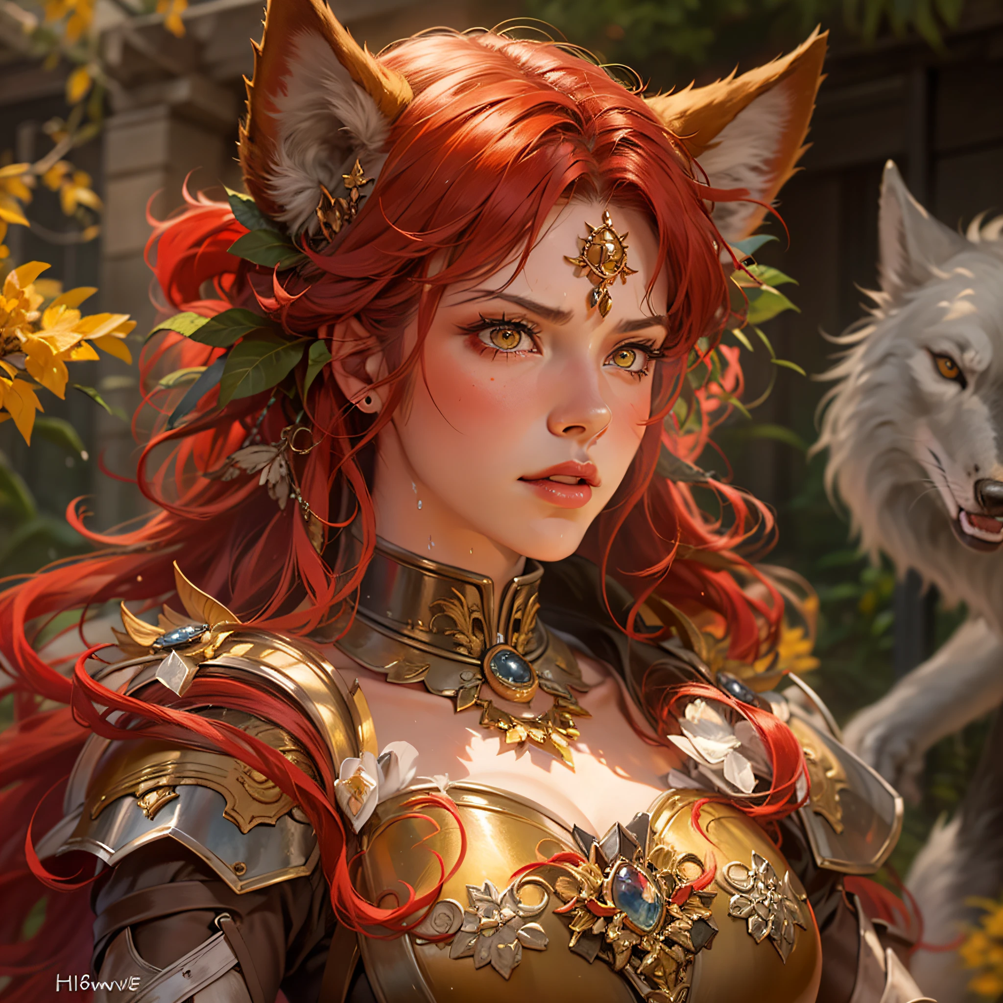 Beautiful scarlet scarlet wolf girl, Arnouveau style, fondness, wolf ears, red hair is long, yellow eyes, frowning angry, sunlight rays, airiness, grace, Floral ornament, chiffon, Silk, Correct eye proportions, Plate armor of the 16th century, expressive eyes, long eyelashes, plump wet lips, Texture skins for the face, A lot of air, higly detailed, Doubleexposure, 30 thousand............., hyper realisitc, Hi-Def, soft-lighting