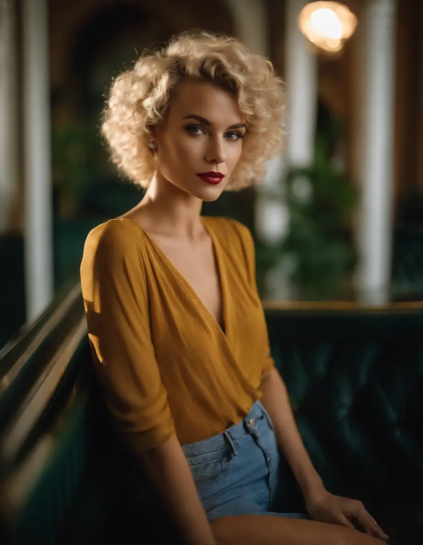 blonde woman with curly SHORT hair poses on the CLUB, WEARING TIGHT CLOTHES, photo taken with provia, in the style of ultrafine detail, high quality photo, 105 mm f/2.4