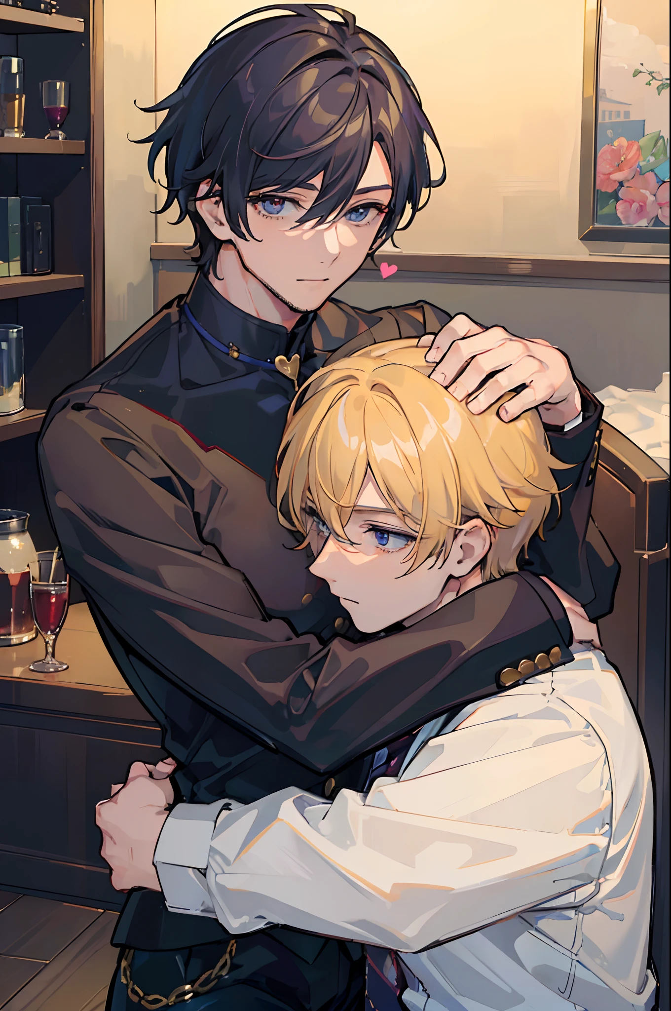 Anime boy hugging another boy in a room with a shelf full of books - SeaArt  AI