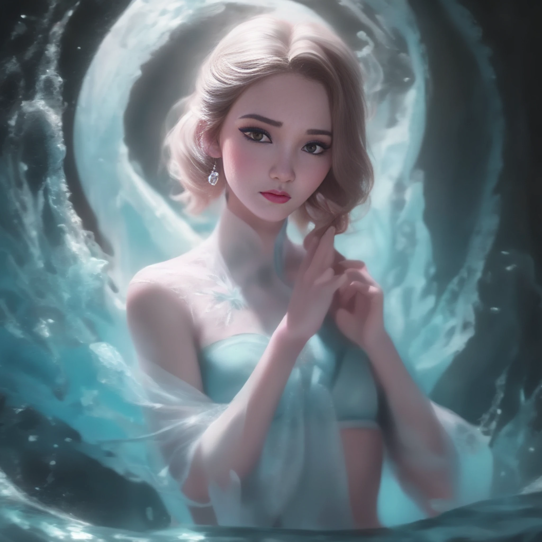 Fonds d'écran de la princesse Disney Elsa Frozen, Arte no estilo de guweiz, guweiz, inspirado em Yanjuncheng, Ross Tran 8K, gros plan fantaisie avec magie de l&#39;eau, style artistique fantastique, par Yang J., guweiz em Pixiv ArtStation, inspiré non WLOP, fanart meilleur artstation, Dirigé par: Yanjuncheng, bel art numérique