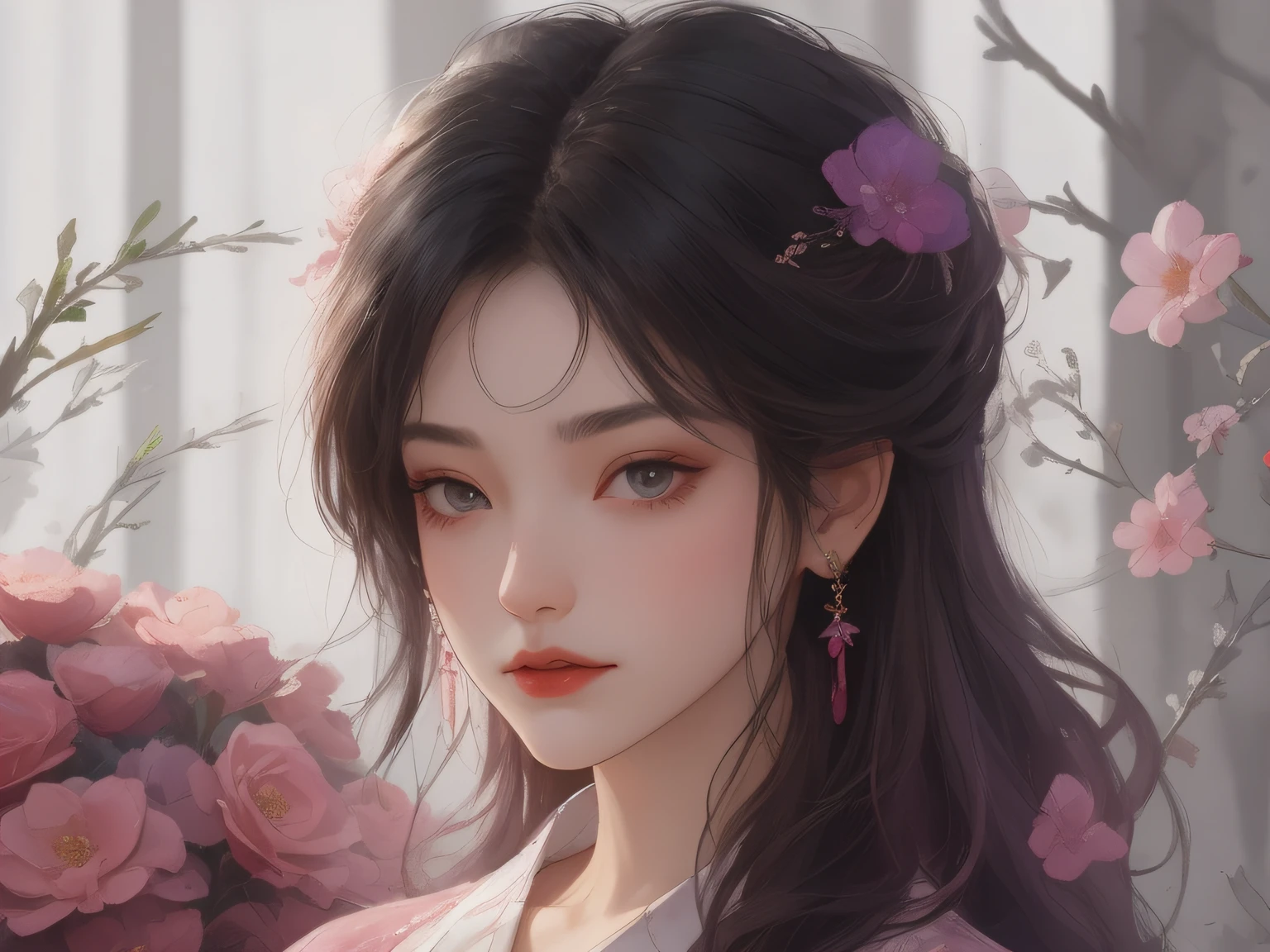 1 flat-chested girl，Close-up of upper body portrait，Black color hair，floated hair，Hazy beauty，Extremely beautiful facial features，Purple embroidered light gauze dress，with a hairpin on her head，Lying in the flowers，Perfect anatomy，White flowers，（springtime， Rainy days， terraced， mountain ranges）， Simple vector art， Contemporary Chinese art， the soft light， Tangled scarf，Overlooking