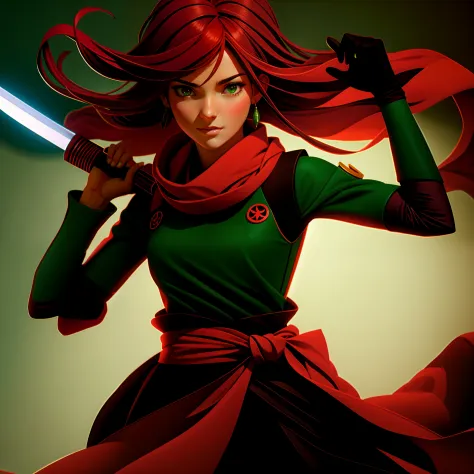 a female ninja holding a sword with both hands, em um dojo, very diabolical clothes, esquema de cores vermelho e verde, ela tem ...