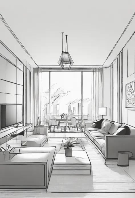 Small living room、Correct perspective、line-drawing、outlines、Moderate omission、unmanned