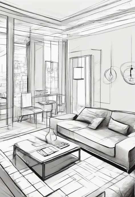 Small living room、Correct perspective、line-drawing、outlines、Medium omission、unmanned