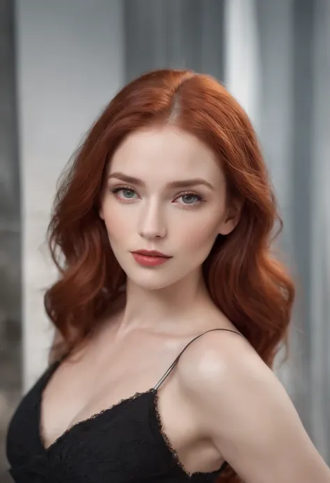 A woman with red hair and a black dress posing for a picture - SeaArt AI