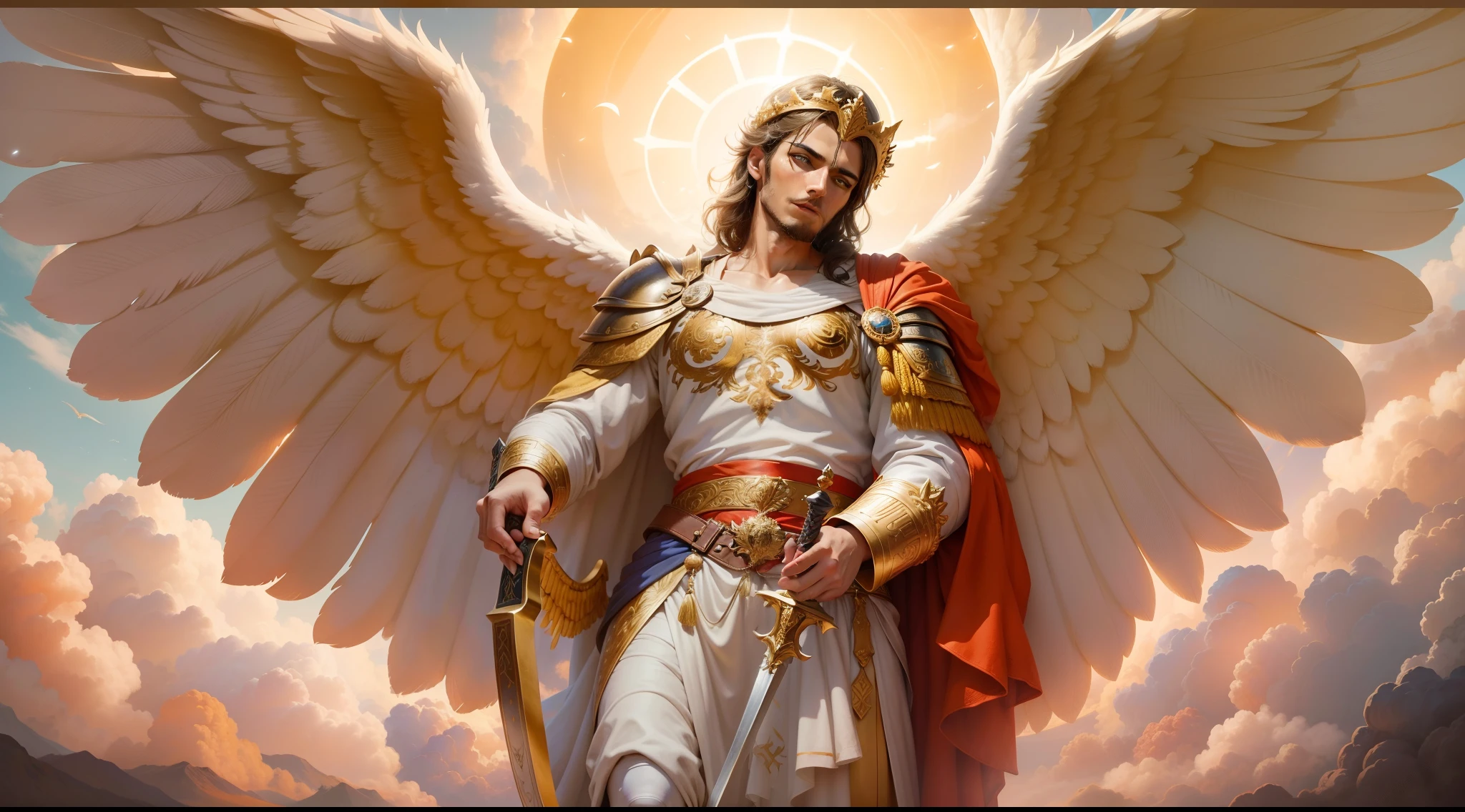 影像的特寫鏡頭是一個男人天使，右手拿著一把又大又長的劍，攻擊位置, 另一隻左手拿著秤, 天使打扮成羅馬士兵看著地面, 長著大翅膀的大天使, 幸運天使, 完美的, 抵抗力, 聖經背景, 天上的風景, 超現實的太陽和雲彩, 鮮花和蠟燭, 被照亮的天堂大天使, 七彩花朵, 點燃蠟燭, 白色和紅色的衣服