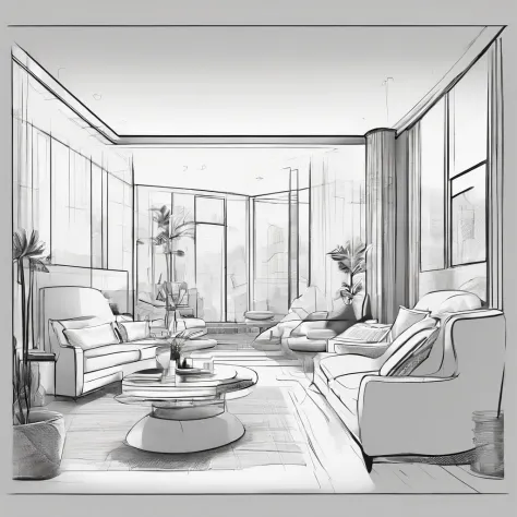 Small living room、Correct perspective、line-drawing、outlines、Medium omission、unmanned、grayscales