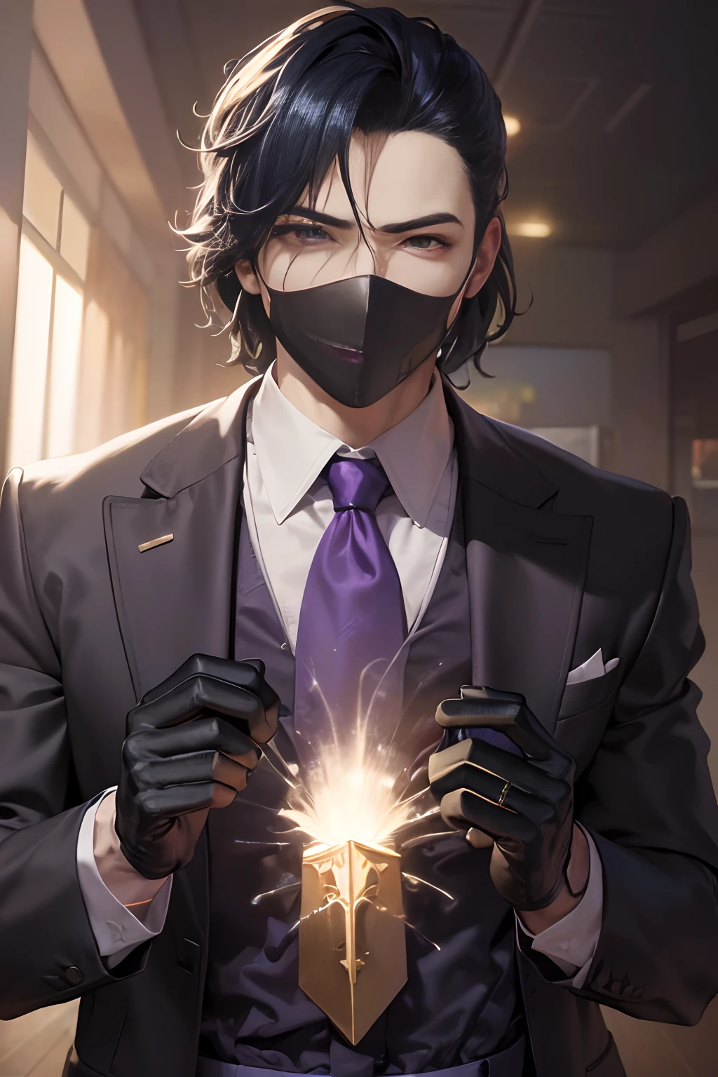 Homem de terno e gravata segurando uma luz roxa, Cara vestindo fantasia roxa, retrato épico e elegante, Terno Escuro, presságio de Valorant, Linha Murata e Artgerm, arte digital detalhada de anime, Anime badass 8 k, arte principal, photoestilo de arte realista, Arte Oficial do Personagem, estilo de arte realista, Terno e gravata