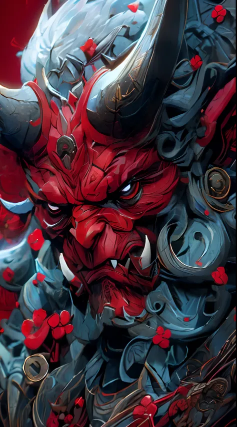 There is a red and black statue of a horned demon, villain wearing a red oni mask, arte detalhada onmyoji, eles chifres, Demon S...