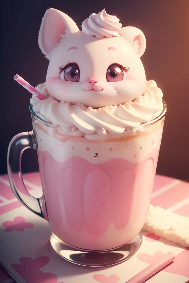cute animal with milkshake, pink cheeks, disney style drawing, 8k, super detail, accurate, best quality