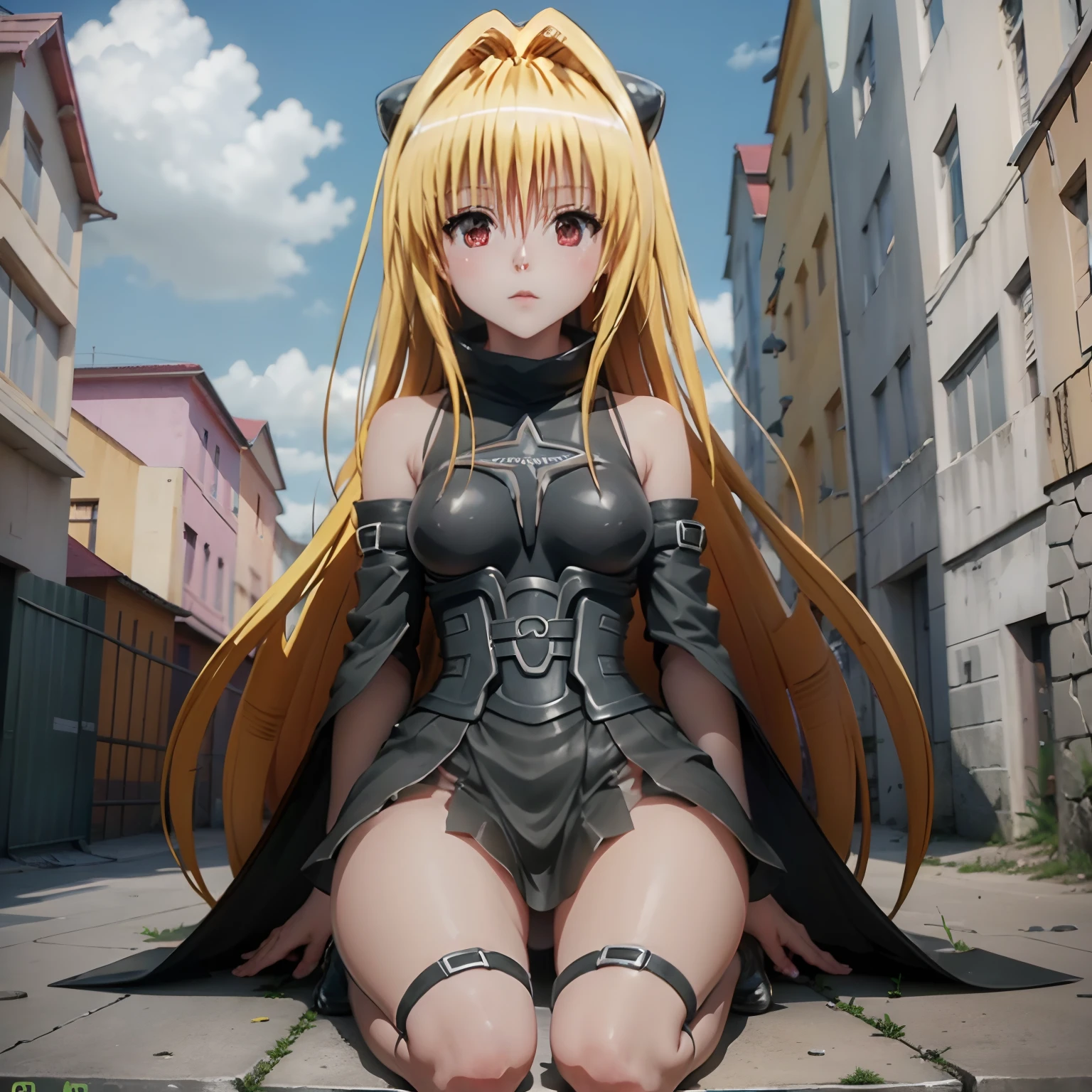 Anime girl sitting on a bench in a city street - SeaArt AI