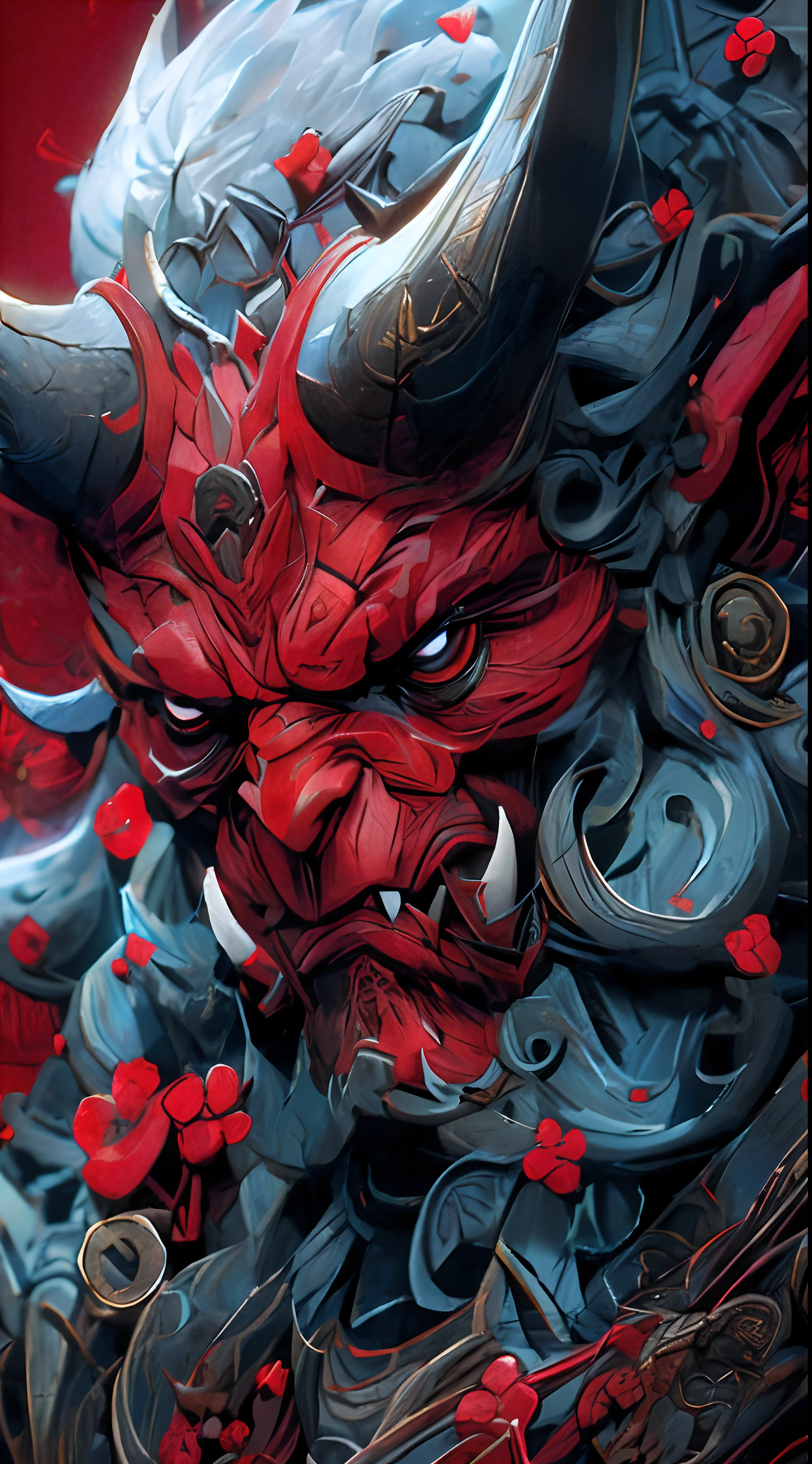 角のある悪魔の赤と黒の像がある, villain wearing a red 彼らはマスクします, 陰陽師の詳細なアート, 彼らは角を鳴らします, Demon Samurai, 彼らはマスクします, 悪魔の侍マスク, 悪魔 侍 戦士, 4Kの精緻な絵画, 複雑で華やかなアニメ CGI スタイル, 非常に詳細な 4K アートワーク, Retrato de Onmyoji, inspired by Shunkōsai Hokushū