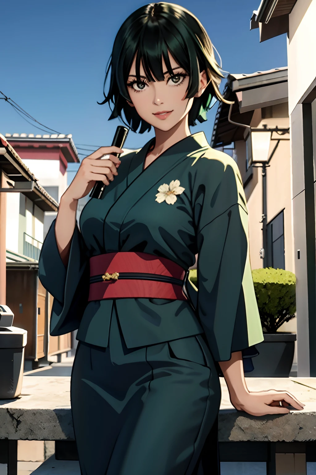 "A girl，Masterpiece level job，Better image quality，in front of camera，neckline，smile，Sexy servant，looks directly at camera，By the shorts，perfect bodies, night background，sitting drinking a glass, inside a room, green hair, kimono。big breasts