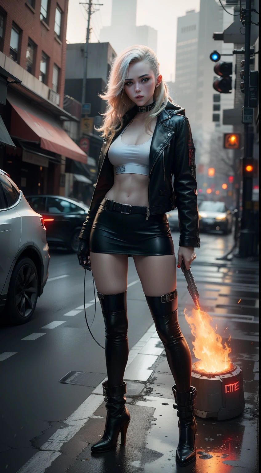 Arafed woman in leather outfit holding a burning box on a city street -  SeaArt AI