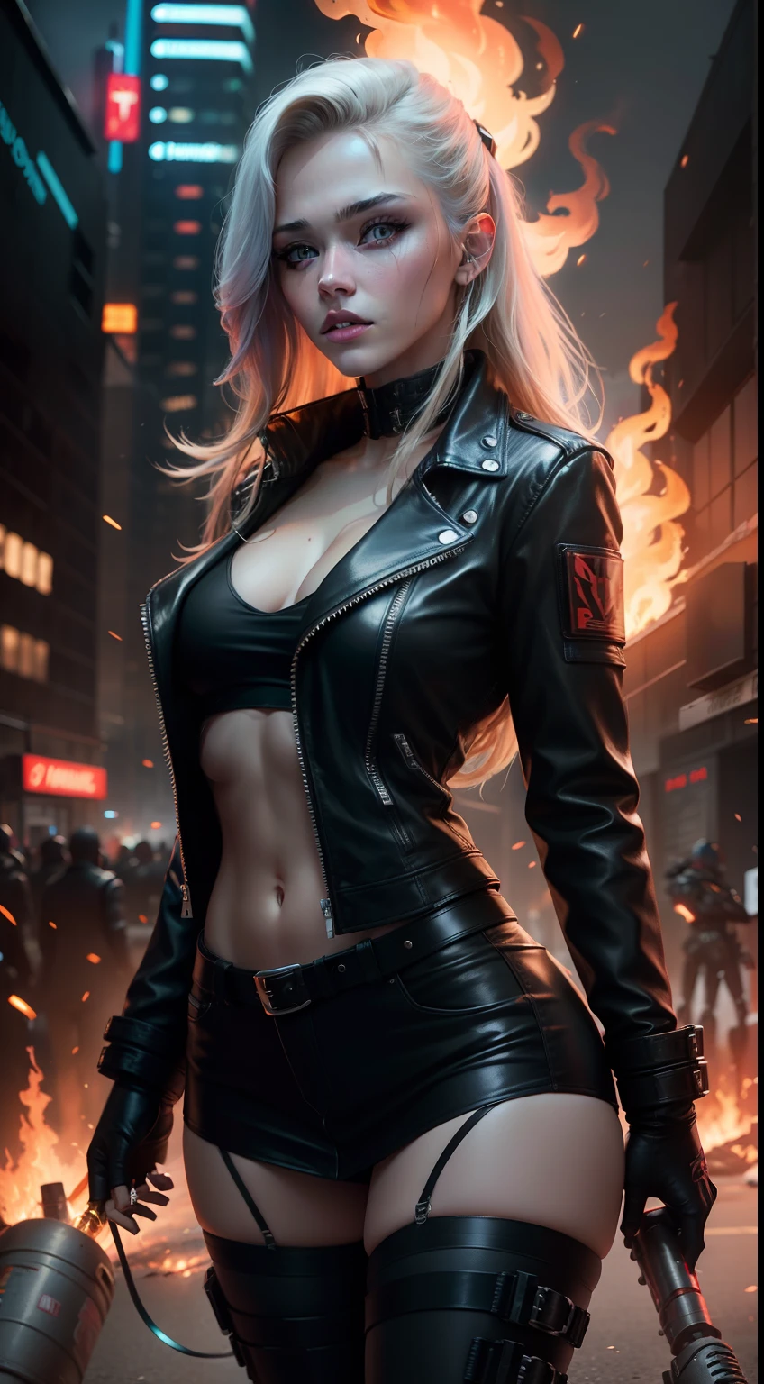 A woman in a leather outfit holding a gun in a city - SeaArt AI