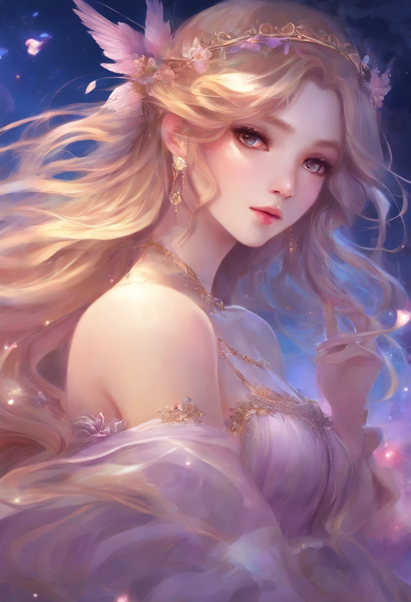 Close-up of a woman in a dress，With his back to the camera，The background is a city, Anime girl with long hair, Beautiful anime, Beautiful anime girl, Beautiful anime style, Anime princess, lovely languid princess, Beautiful anime woman, uma linda princesa, long hair girl, beautiful and seductive anime woman, digital art of an elegant, beautiful gorgeous digital art, beautiful alluring anime teen，Novel cover style，purpleish color