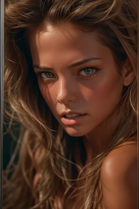A photorealistic portrait of a stunningly beautiful tanned brown american female supermodel with light make-up, photo for the cover of a fashion magazine, extremely detailed light honey eyes, detailed symmetric realistic face, extremely detailed natural te...