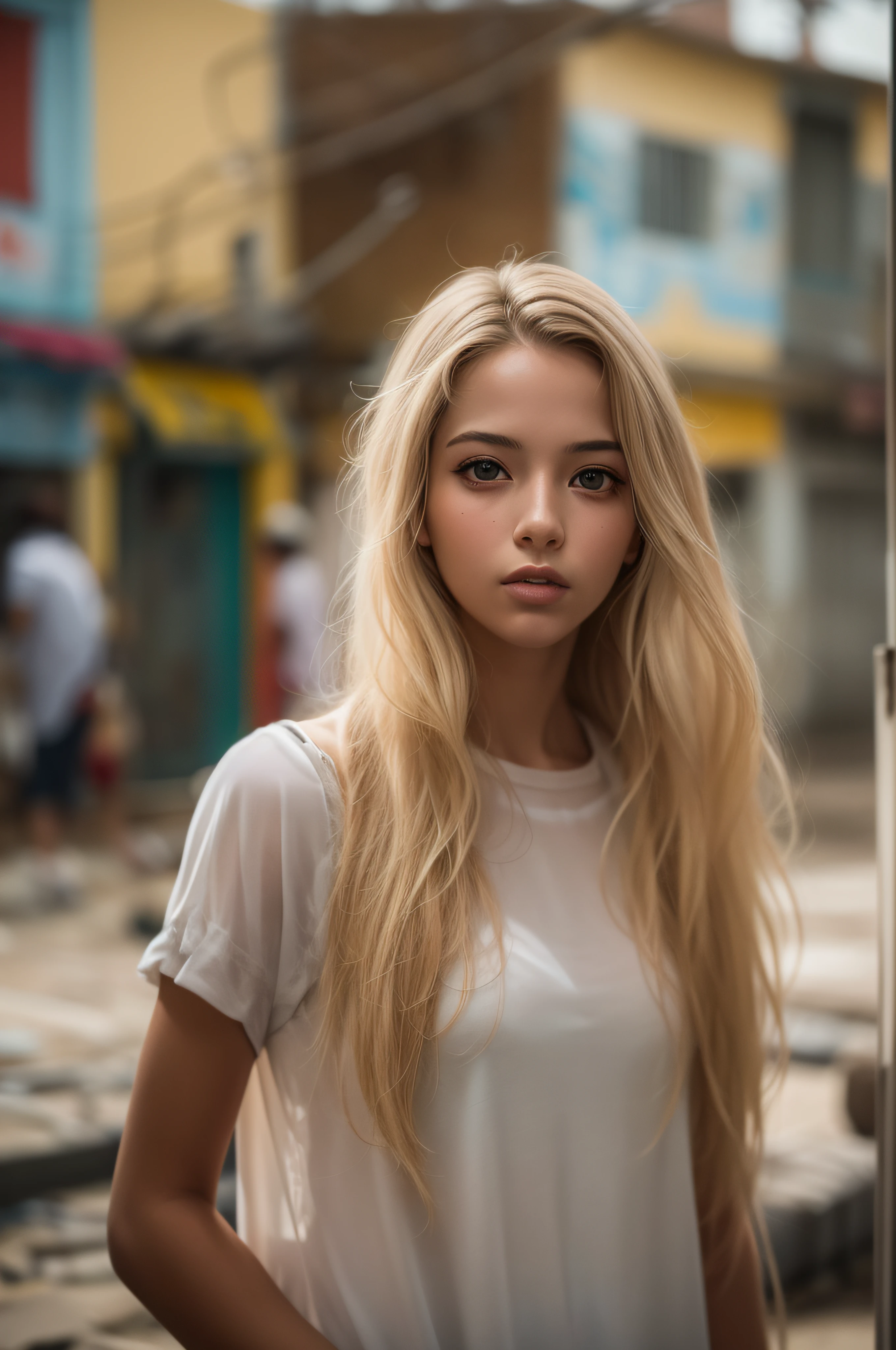 Junge erwachsene Frau, Brasilianisch, honigfarbene Augen, blondes Haar, an den Wurzeln verdunkelt, dünn und groß, offene transparente Favela Da Kleidung