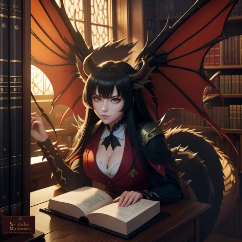 (best quality,4k,8k,highres,masterpiece:1.2),ultra-detailed, manga, Studio ghibli, anime, painting, manticore woman, monster girl, dragon wings, scorpion tail, school uniform, librarian, Fangs, fairytale-like setting, library, stacked bookshelves, ancient ...