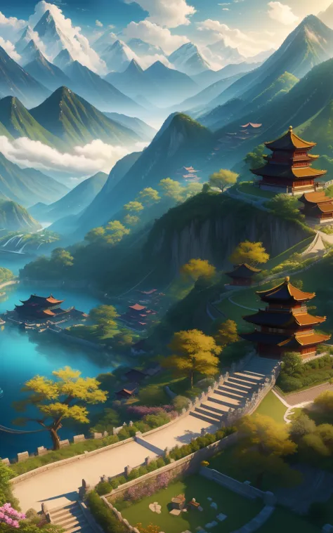 Masterpiece, best quality, high quality, extremely detailed CG unified 8k wallpaper, outdoor, sky, clouds, no humans, mountains, 7 Chinese style yards sitting on hillside, cinemagraph, landscape, water, trees,