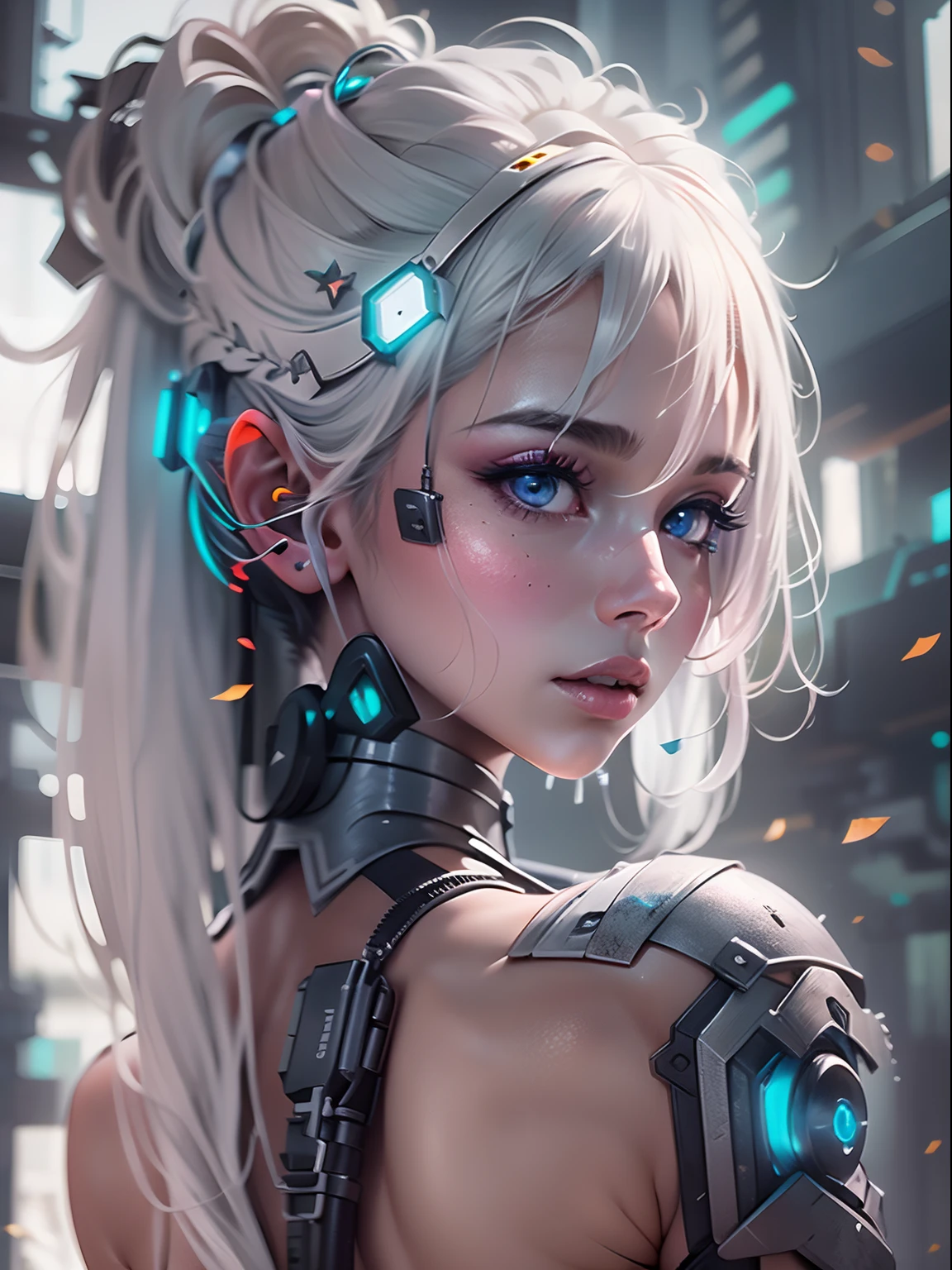 nsfw, 1girl, 1boy, sex from behind, cyberpunk, standing doggystyle, sex, (masterpiece: 1.4), (8K, realistic, raw photo, best quality: 1.4), nipple areola shape clear, nude, Japanese girl, beautiful cute face, (real face: 1.4), beautiful hairstyle, realistic blue eyes, beautiful detail eyes, (real skin: 1.3), beautiful skin, attractive, ultra high resolution, ultra realistic, off-sheller, post apocalyptic world, cinematic lighting, white colored hair, long hair, twin ponytails, blue ribbons, futuristic fantasy