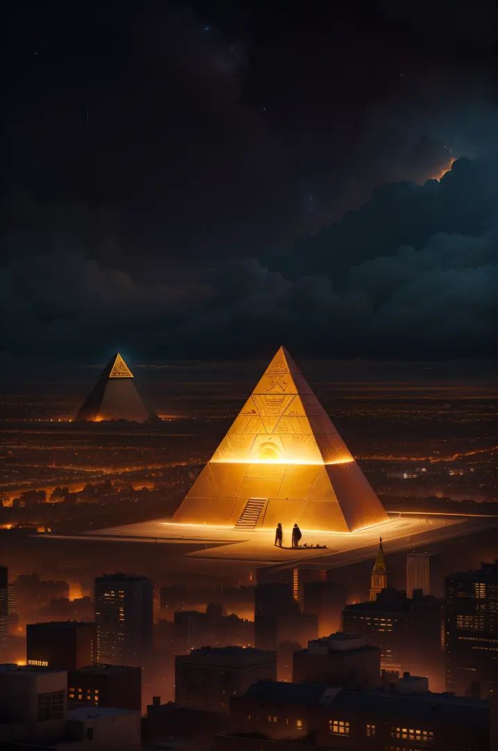 It is a very dark night, but very warm, and the pyramid is A contemporary couple stands at the top of Cheops' pyramid and looks down over the plain and the city. A radiant golden-lit cube flies near the couple
