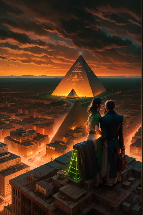 It is a very dark night, but very warm, and the pyramid is A contemporary couple stands at the top of Cheops' pyramid and looks down over the plain and the city. A radiant flying green-lit cube flies near the couple.